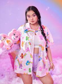 ROMWE X Care Bears Plus Cartoon Graphic Drop Shoulder Shirt - Pink - View 1