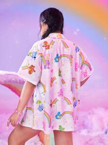 ROMWE X Care Bears Plus Cartoon Graphic Drop Shoulder Shirt - Pink - View 2