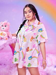 ROMWE X Care Bears Plus Cartoon Graphic Drop Shoulder Shirt - Pink - View 3