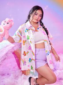 ROMWE X Care Bears Plus Cartoon Graphic Drop Shoulder Shirt - Pink - View 4