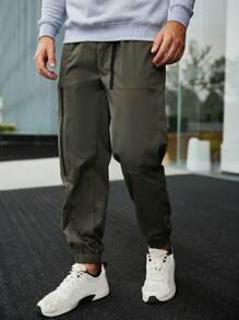 Manfinity Homme 男士素色腰部抽繩工裝褲 - 軍綠色 - 查看 1