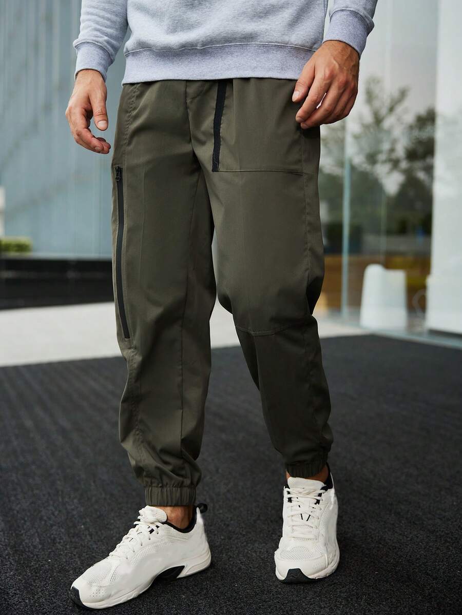 Manfinity Homme 男士素色腰部抽繩工裝褲 - 軍綠色 - 查看 1