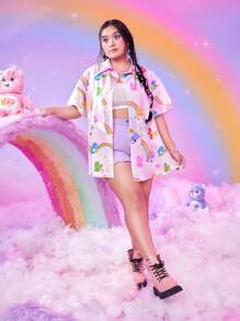 ROMWE X Care Bears Plus Cartoon Graphic Drop Shoulder Shirt - Pink - View 5