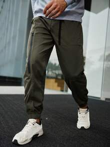 Manfinity Homme 男士素色腰部抽繩工裝褲 - 軍綠色 - 查看 3