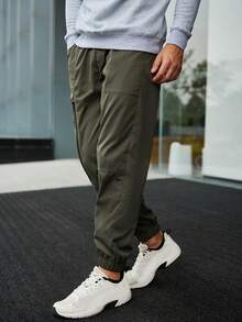 Manfinity Homme 男士素色腰部抽繩工裝褲 - 軍綠色 - 查看 6