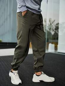 Manfinity Homme 男士素色腰部抽繩工裝褲 - 軍綠色 - 查看 7