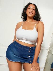 SHEIN CURVE+ Plus Button Front Raw Hem Denim Skort