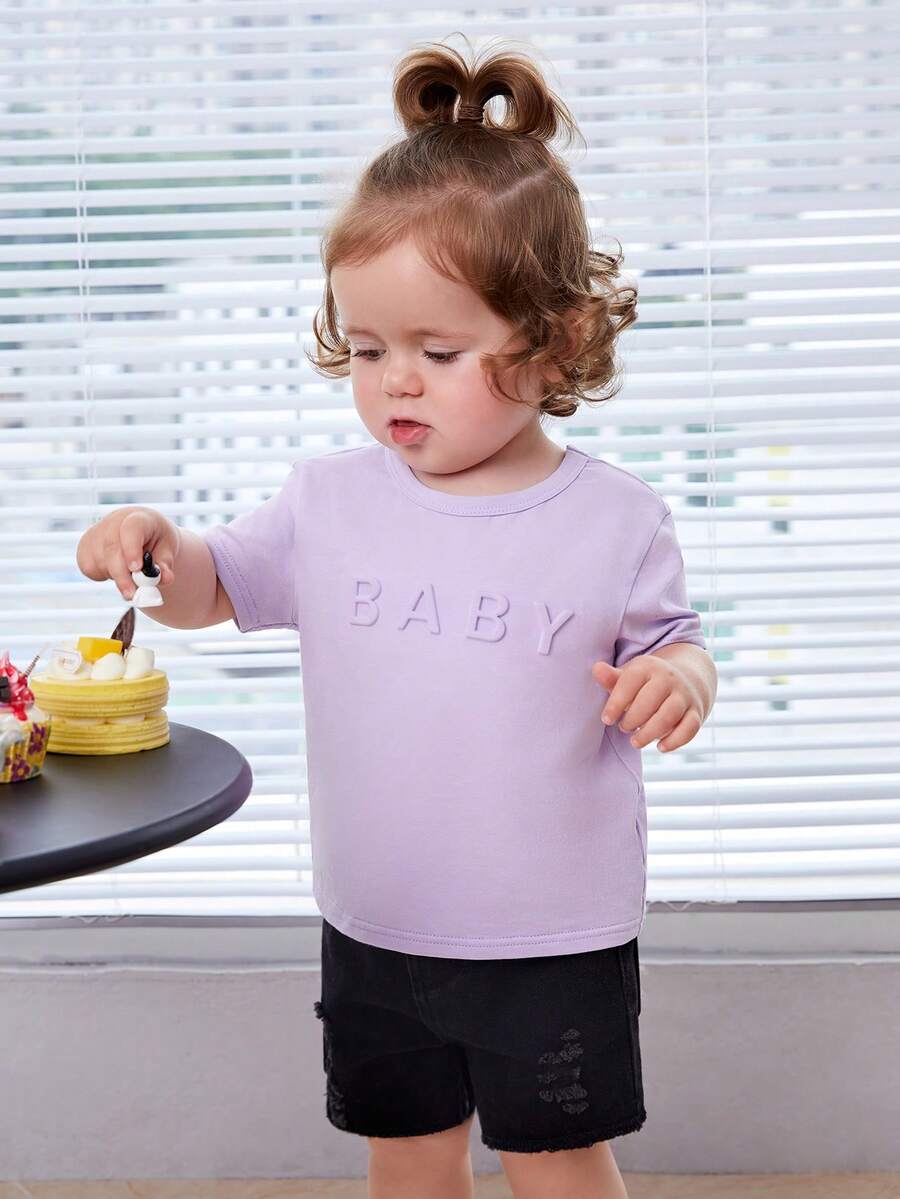 SHEIN Baby Letter Pattern Tee - Lilac Purple - View 1