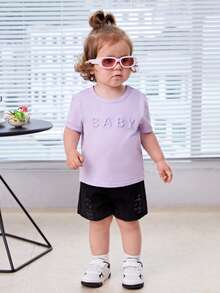 SHEIN Baby Letter Pattern Tee - Lilac Purple - View 3