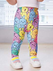 Babygirl Casual Versatile Cute Cartoon Pattern Elastic Waist Skinny Pants - Multicolor - View 3