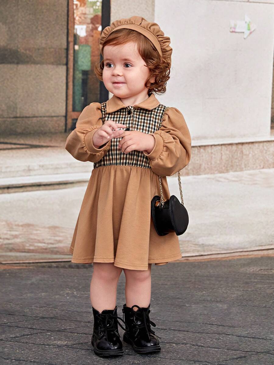 SHEIN Đầm Bé Gái Cổ Bẻ Dài Tay Phong Cách Cổ Bẻ Và Mũ Kẻ Sọc Chắp Vá Cho Bé Gái - Màu Khaki - Xem 1