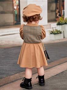 SHEIN Đầm Bé Gái Cổ Bẻ Dài Tay Phong Cách Cổ Bẻ Và Mũ Kẻ Sọc Chắp Vá Cho Bé Gái - Màu Khaki - Xem 2