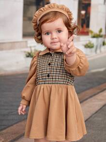 SHEIN Đầm Bé Gái Cổ Bẻ Dài Tay Phong Cách Cổ Bẻ Và Mũ Kẻ Sọc Chắp Vá Cho Bé Gái - Màu Khaki - Xem 4