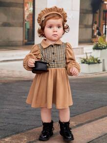 SHEIN Đầm Bé Gái Cổ Bẻ Dài Tay Phong Cách Cổ Bẻ Và Mũ Kẻ Sọc Chắp Vá Cho Bé Gái - Màu Khaki - Xem 5