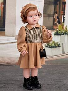 SHEIN Đầm Bé Gái Cổ Bẻ Dài Tay Phong Cách Cổ Bẻ Và Mũ Kẻ Sọc Chắp Vá Cho Bé Gái - Màu Khaki - Xem 7