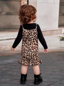 SHEIN 女嬰素色T恤&豹紋印花荷葉邊吊帶連衣裙 - 彩色 - 查看 2