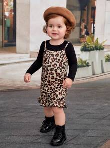 SHEIN 女嬰素色T恤&豹紋印花荷葉邊吊帶連衣裙 - 彩色 - 查看 3