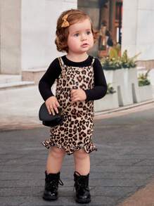 SHEIN 女嬰素色T恤&豹紋印花荷葉邊吊帶連衣裙 - 彩色 - 查看 5