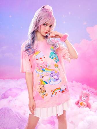 ROMWE X Care Bears Batik Cartoon Grafik T-Shirt, Schule