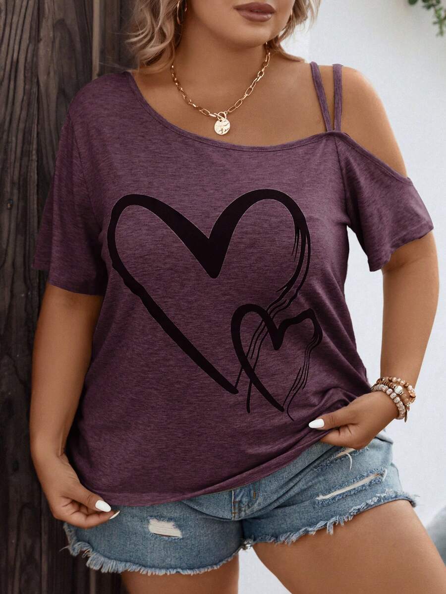 SHEIN LUNE Plus Heart Print Asymmetrical Neck Tee For Summer - Purple - View 1