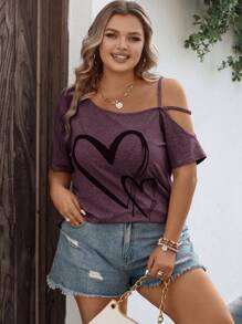SHEIN LUNE Plus Heart Print Asymmetrical Neck Tee For Summer - Purple - View 3