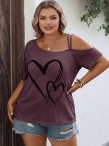 SHEIN LUNE Plus Heart Print Asymmetrical Neck Tee For Summer - Purple - View 5