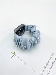 1入組女士藍色人造珍珠裝飾抽褶細節時尚織物錶帶41/40/30/45/44/42/49mm適用於Apple WatchUltra/SE/8/7/6/5/4/3/2/1 - 藍色 - 查看 4