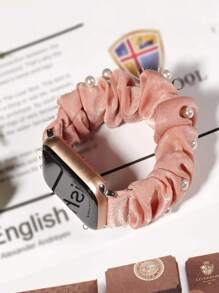 1入組女士粉色人造珍珠裝飾大腸髮圈設計時尚織物錶帶38/40/41/42/44/45/49mm適用於Apple WatchUltra/SE/8/7/6/5/4/3/2/1 - 橘色 - 查看 3