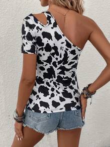 SHEIN Privé Áo thun nữ Cắt ra Thú vật Giải trí - Đen và trắng - Xem 2