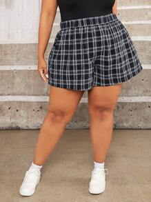 SHEIN CURVE+ 大碼格紋印花闊腿短褲 - 藏蓝色 - 查看 6