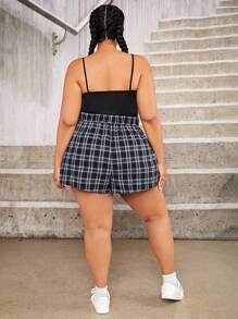 SHEIN CURVE+ 大碼格紋印花闊腿短褲 - 藏蓝色 - 查看 2