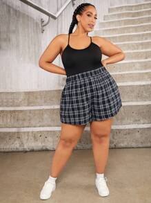 SHEIN CURVE+ 大碼格紋印花闊腿短褲 - 藏蓝色 - 查看 4