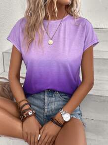 EMERY ROSE 女士渐变色印花圆领插肩袖 T 恤 - 紫色 - 查看 5