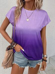 EMERY ROSE 女士渐变色印花圆领插肩袖 T 恤 - 紫色 - 查看 6
