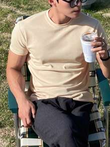 DAZY Men's Solid Color Round Neck Short Sleeve Casual Versatile T-Shirt - Beige - View 3