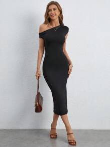 SHEIN Frenchy 素色蝙蝠袖緊身連衣裙 - 黑色 - 查看 1