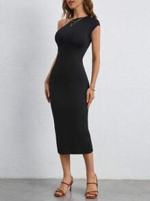 SHEIN Frenchy 素色蝙蝠袖緊身連衣裙 - 黑色 - 查看 3