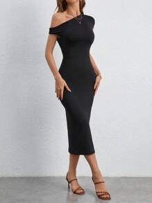 SHEIN Frenchy 素色蝙蝠袖緊身連衣裙 - 黑色 - 查看 4