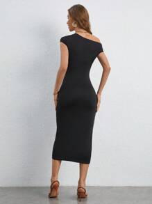 SHEIN Frenchy 素色蝙蝠袖緊身連衣裙 - 黑色 - 查看 5