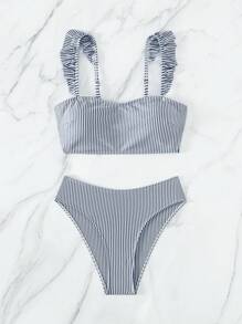條紋圖案荷葉邊比基尼泳裝 - 藏蓝色 - 查看 3
