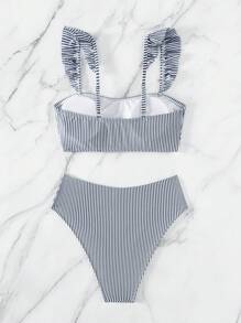 條紋圖案荷葉邊比基尼泳裝 - 藏蓝色 - 查看 4