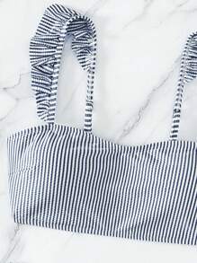 條紋圖案荷葉邊比基尼泳裝 - 藏蓝色 - 查看 5