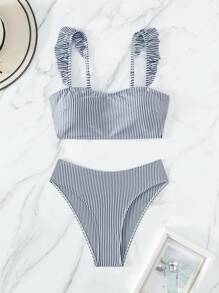 條紋圖案荷葉邊比基尼泳裝 - 藏蓝色 - 查看 7