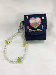 Ins Sweet 和 Cool 女孩刺繡牛仔 Airpods 保護殼，粉紅心形和星星設計，兼容 Airpods Pro/2/3，Apple 耳機保護套帶肩帶 - 藏蓝色 - 查看 1