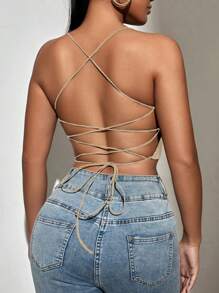 Zolique 露背繫帶吊帶短上衣 - 杏色 - 查看 2