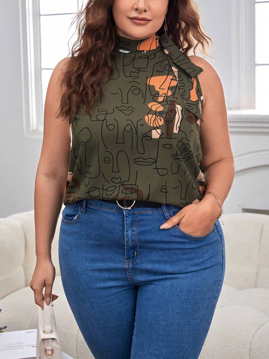 SHEIN Essnce Plus Figure Graphic Tie Neck Sleeveless Blouse - Army Green - View 1