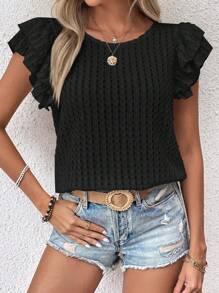 SHEIN LUNE Áo thun nữ Xù phân lớp Tranh thêu màu trơn Giải trí - màu đen - Xem 1