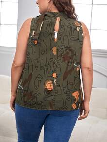 SHEIN Essnce Plus Figure Graphic Tie Neck Sleeveless Blouse - Army Green - View 2