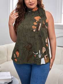 SHEIN Essnce Plus Figure Graphic Tie Neck Sleeveless Blouse - Army Green - View 3