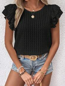 SHEIN LUNE Áo thun nữ Xù phân lớp Tranh thêu màu trơn Giải trí - màu đen - Xem 3